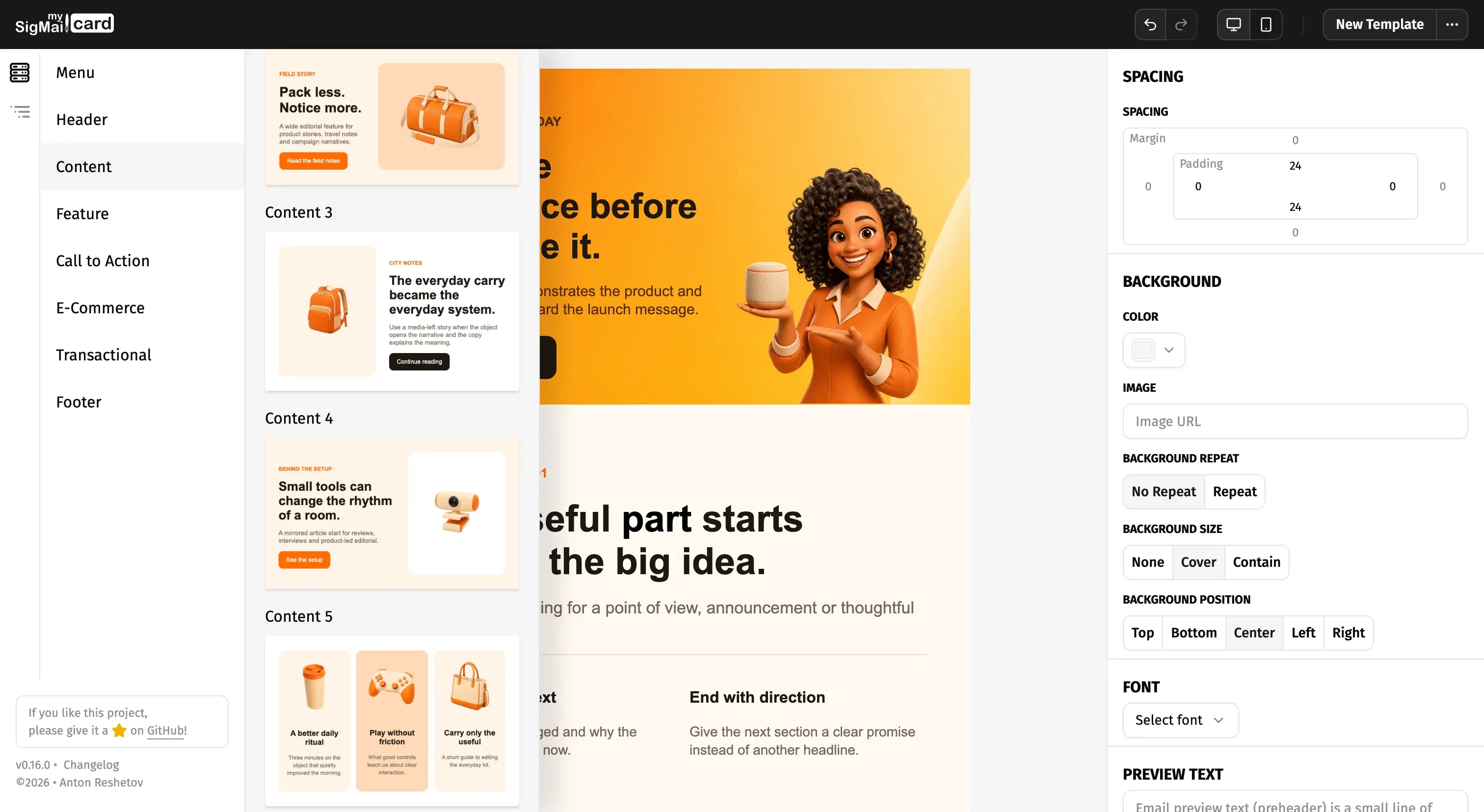 MySigMail Card block library with Header preset previews beside a product email canvas