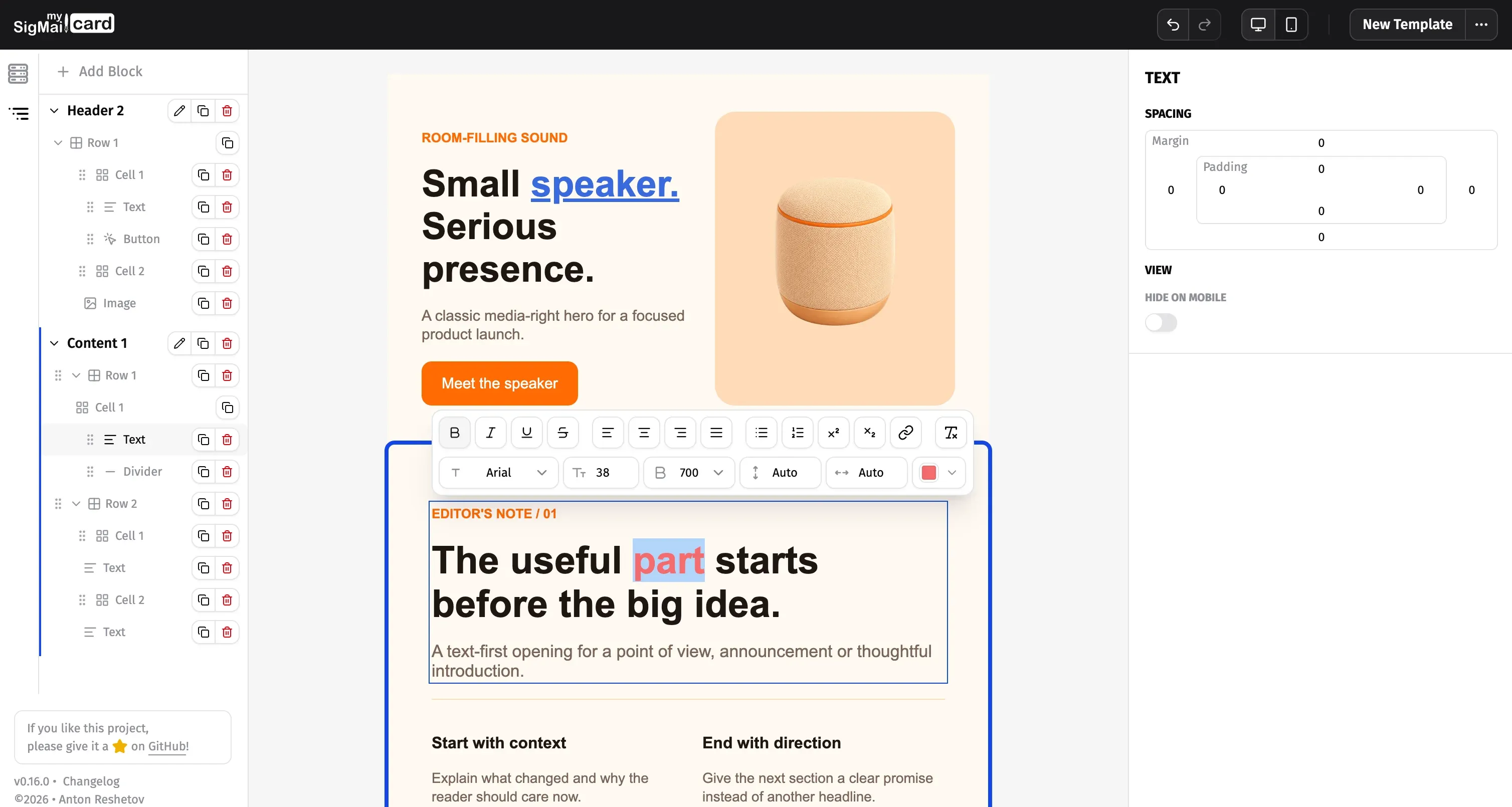 MySigMail Card editor with text being formatted directly on the email canvas, alongside the element tree and settings
